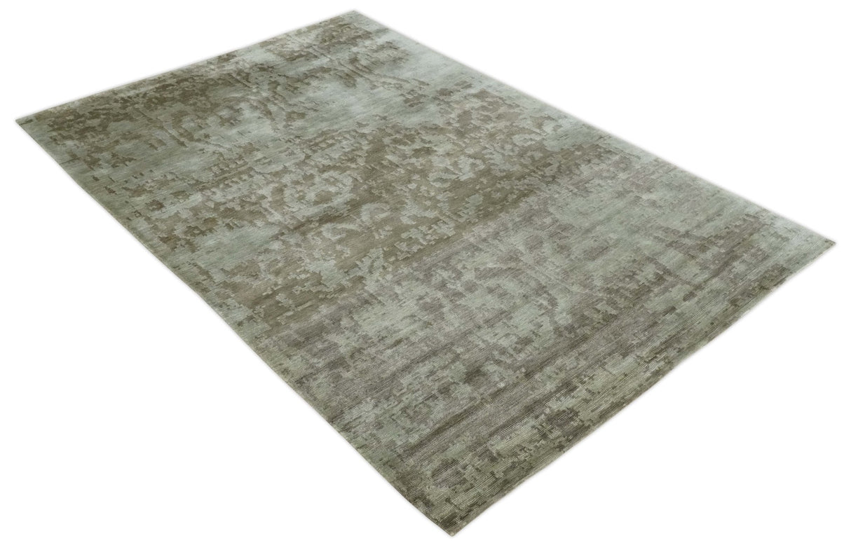 Soft and Cozy Modern Abstract Olive and Silver Hand knotted Bamboo Silk Area Rug