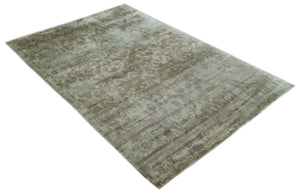 Soft and Cozy Modern Abstract Olive and Silver Hand knotted Bamboo Silk Area Rug