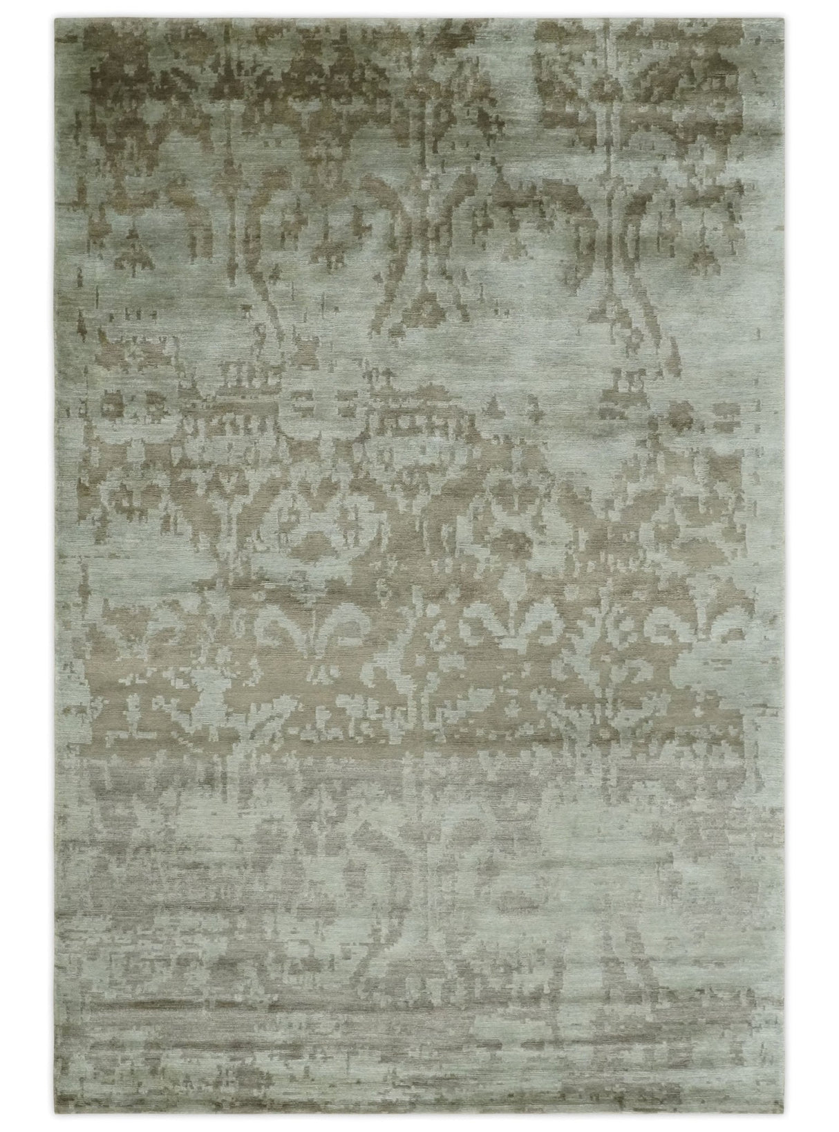 Soft and Cozy Modern Abstract Olive and Silver Hand knotted Bamboo Silk Area Rug