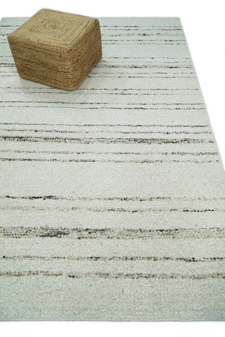 Solid 5x8 and 8x10 Ivory and brown Woolen Chunky and Soft Berber Area Rug | BER4