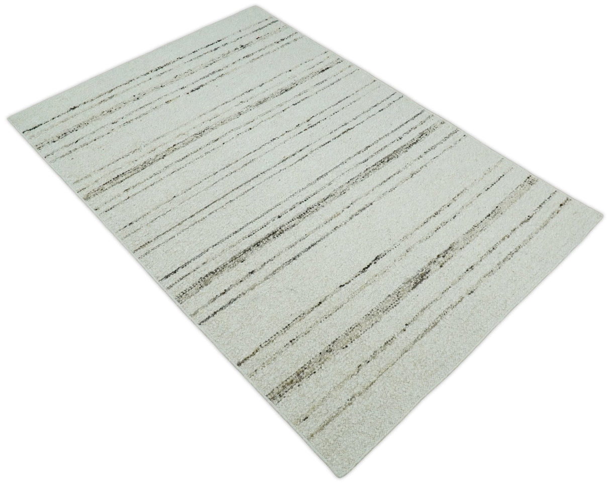 Solid 5x8 and 8x10 Ivory and brown Woolen Chunky and Soft Berber Area Rug | BER4