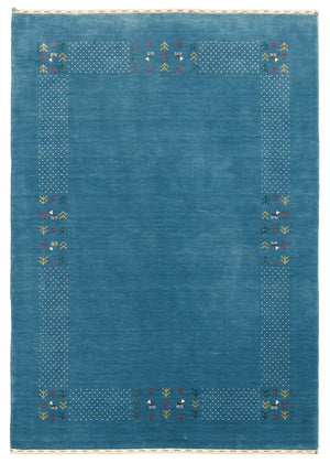 Solid Blue Border Design Hand Loomed Wool Area Rug