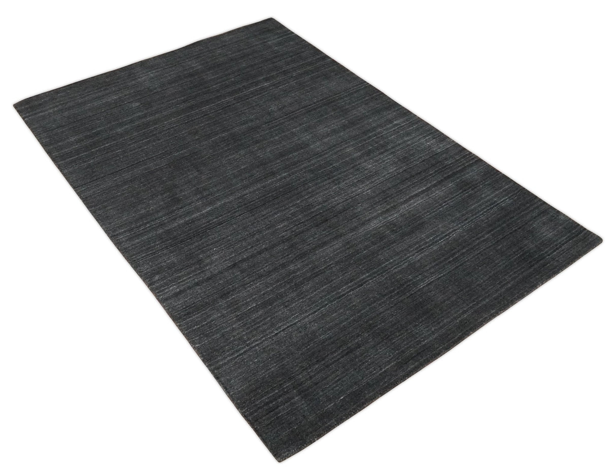 Solid Charcoal Black Scandinavian 5x7 Blended Wool Flatwoven Area Rug | HL13