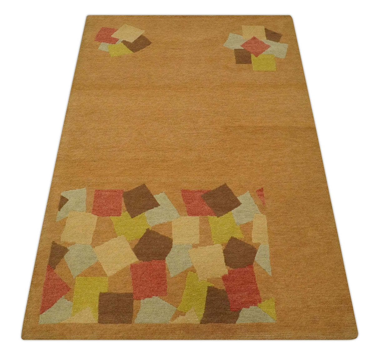 Solid Gold with Multi Color geometrical design Hand loom 4x6 Wool Area Rug