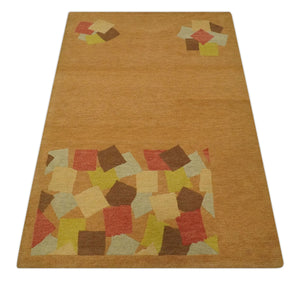 Solid Gold with Multi Color geometrical design Hand loom 4x6 Wool Area Rug