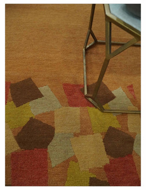 Solid Gold with Multi Color geometrical design Hand loom 4x6 Wool Area Rug