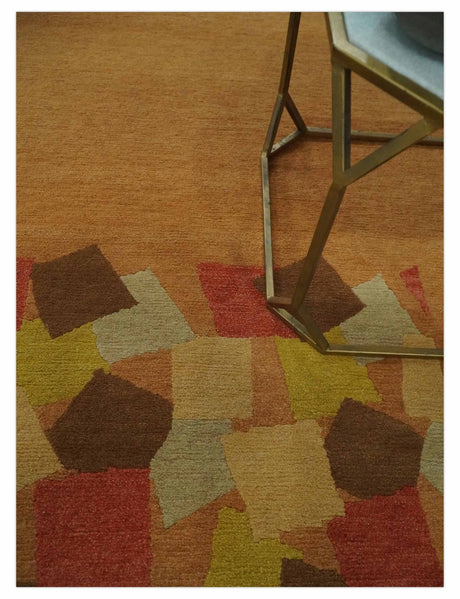 Solid Gold with Multi Color geometrical design Hand loom 4x6 Wool Area Rug