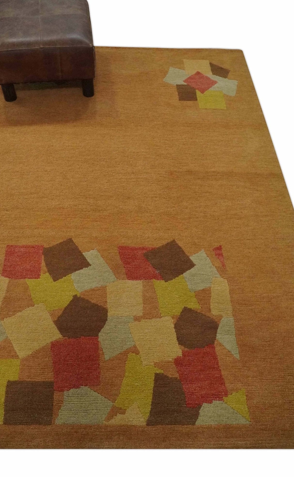 Solid Gold with Multi Color geometrical design Hand loom 4x6 Wool Area Rug