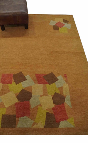 Solid Gold with Multi Color geometrical design Hand loom 4x6 Wool Area Rug