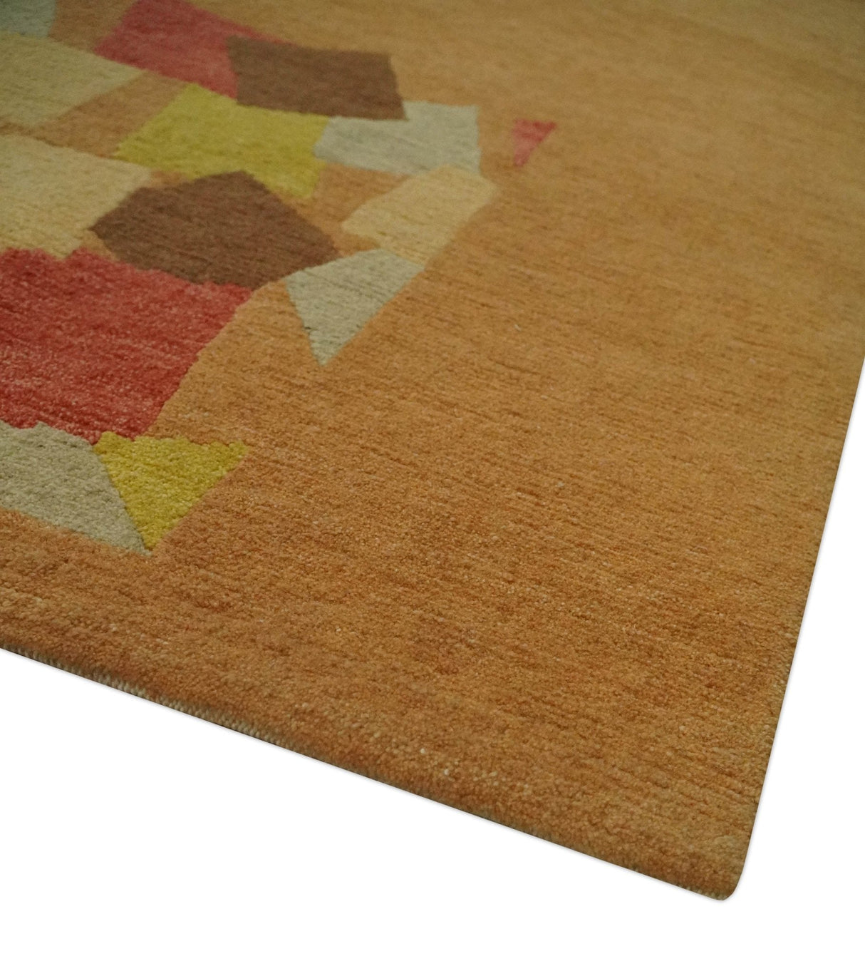 Solid Gold with Multi Color geometrical design Hand loom 4x6 Wool Area Rug