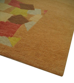 Solid Gold with Multi Color geometrical design Hand loom 4x6 Wool Area Rug