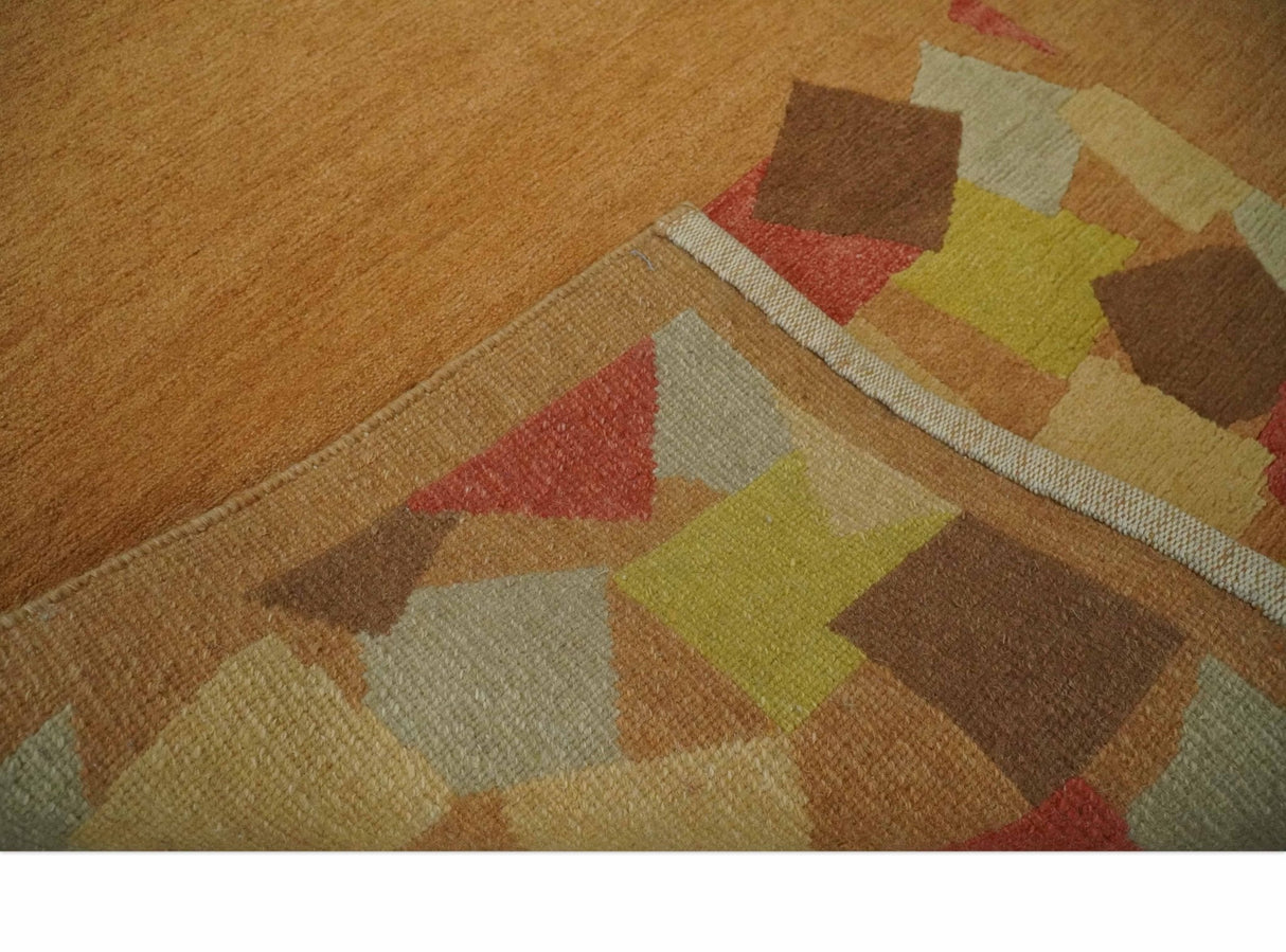 Solid Gold with Multi Color geometrical design Hand loom 4x6 Wool Area Rug