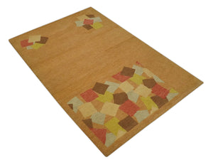 Solid Gold with Multi Color geometrical design Hand loom 4x6 Wool Area Rug
