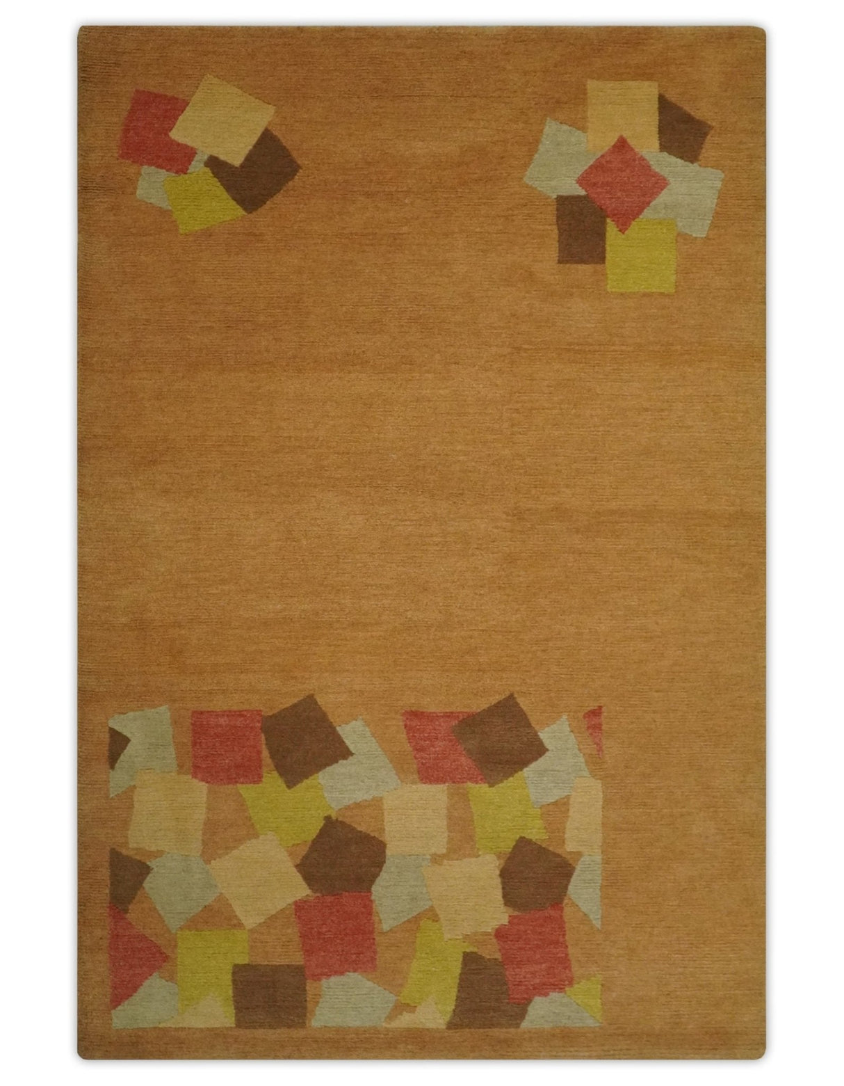 Solid Gold with Multi Color geometrical design Hand loom 4x6 Wool Area Rug