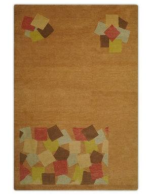 Solid Gold with Multi Color geometrical design Hand loom 4x6 Wool Area Rug