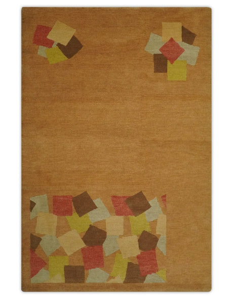Solid Gold with Multi Color geometrical design Hand loom 4x6 Wool Area Rug