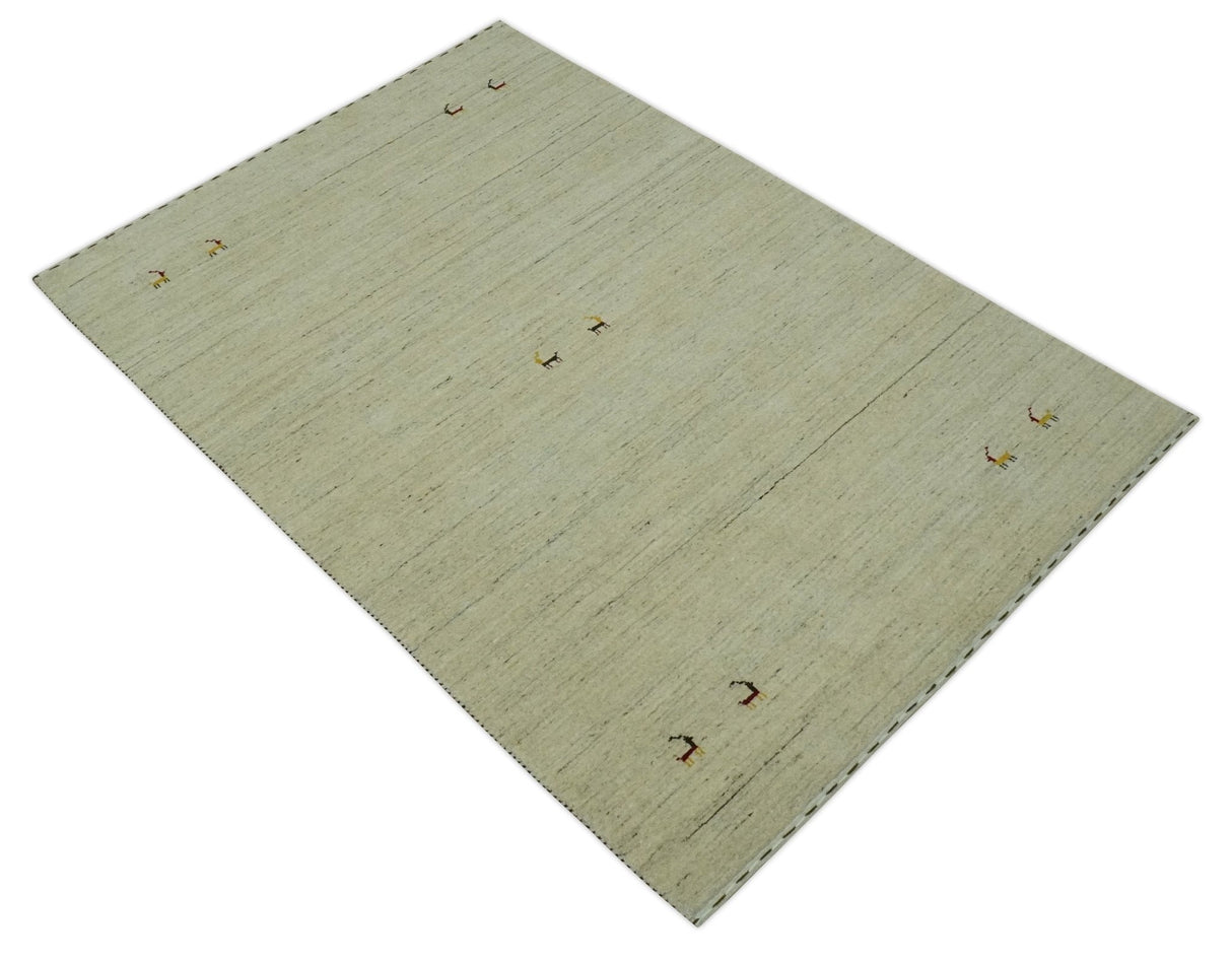 Solid Plain Beige and Charcoal Hand loom 4.6x7 wool area Rug