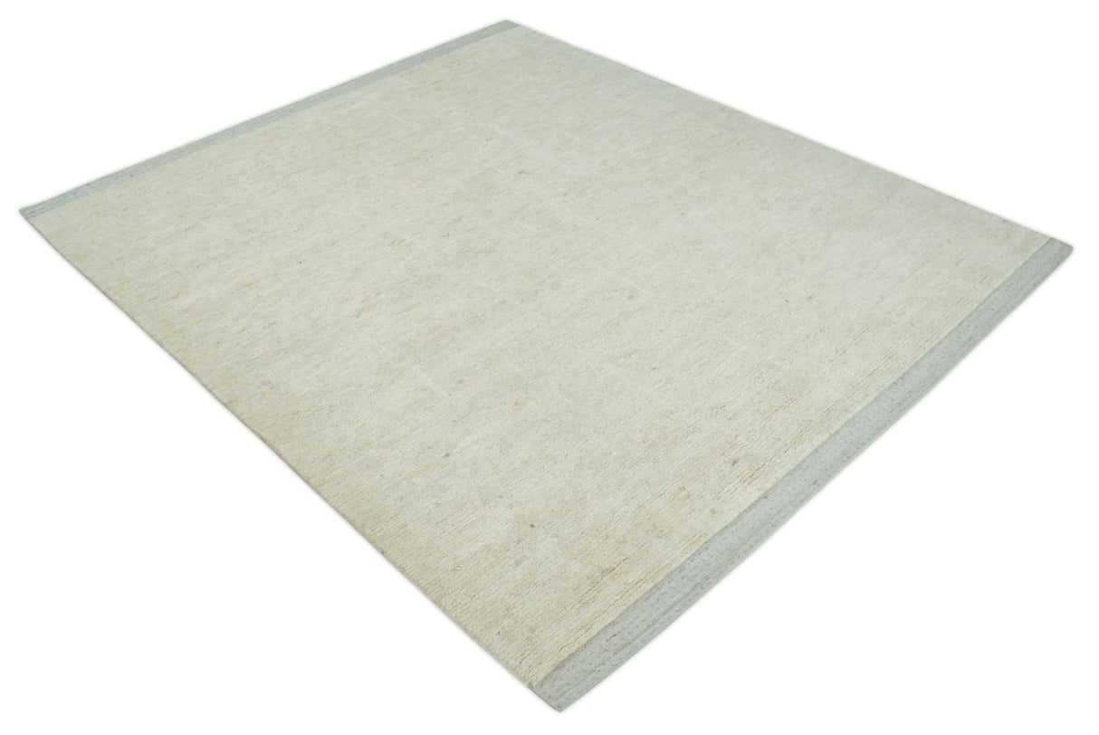 Solid plane Beige Hand Knotted 8.7x9.8 Wool Area Rug