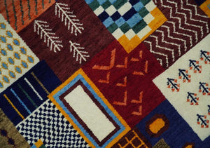 Soumak loop and cut 5x7 Multicolor Shapes Modern Artistic Wool Hand Woven Rug | KNT41