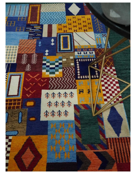 Soumak loop and cut 5x7 Multicolor Shapes Modern Artistic Wool Hand Woven Rug | KNT41