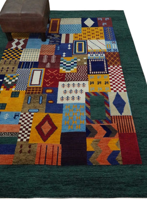 Soumak loop and cut 5x7 Multicolor Shapes Modern Artistic Wool Hand Woven Rug | KNT41