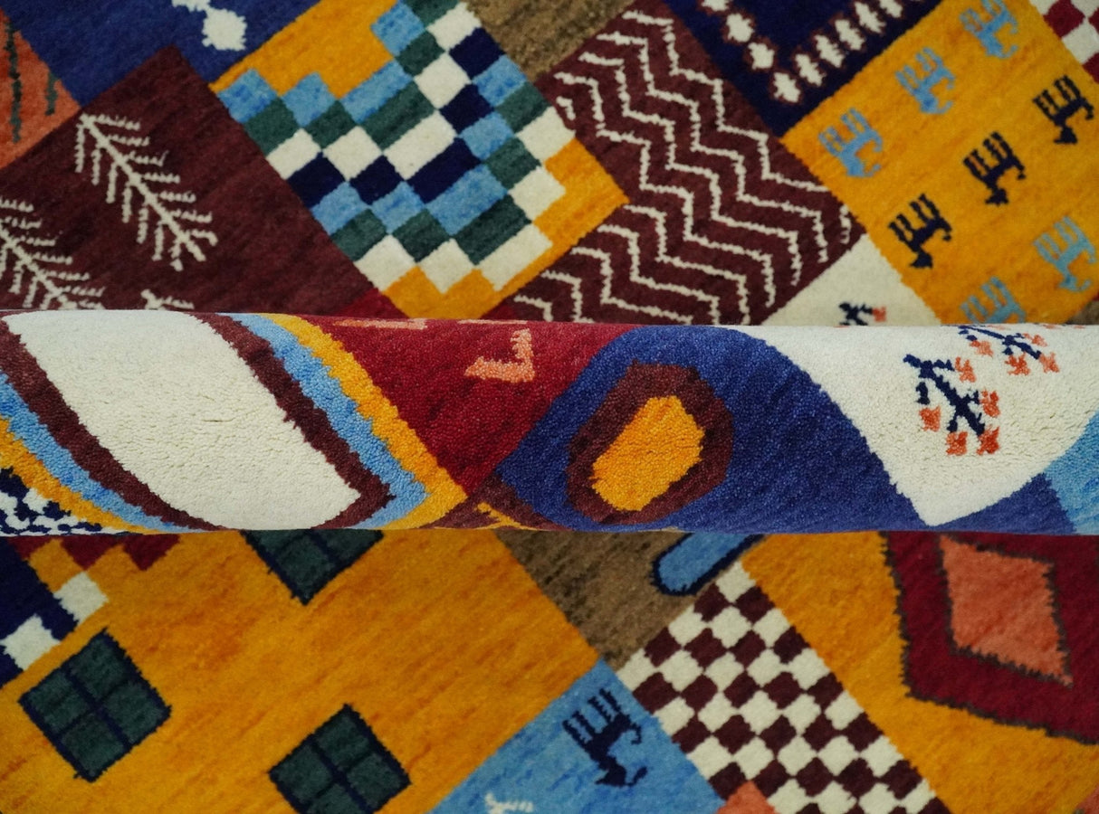 Soumak loop and cut 5x7 Multicolor Shapes Modern Artistic Wool Hand Woven Rug | KNT41