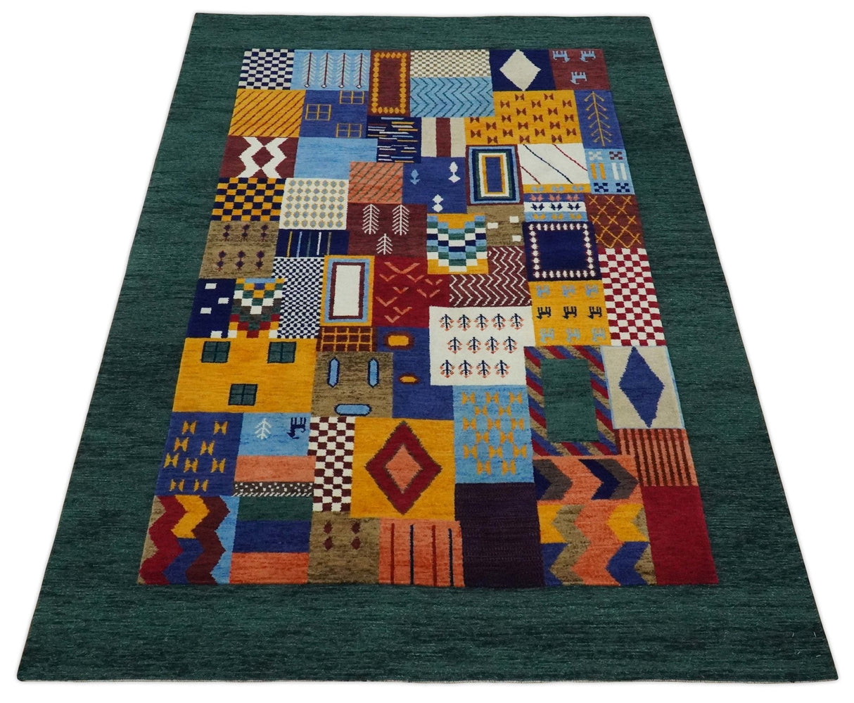 Soumak loop and cut 5x7 Multicolor Shapes Modern Artistic Wool Hand Woven Rug | KNT41