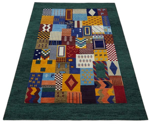 Soumak loop and cut 5x7 Multicolor Shapes Modern Artistic Wool Hand Woven Rug | KNT41