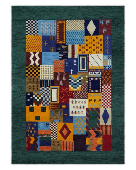Soumak loop and cut 5x7 Multicolor Shapes Modern Artistic Wool Hand Woven Rug | KNT41