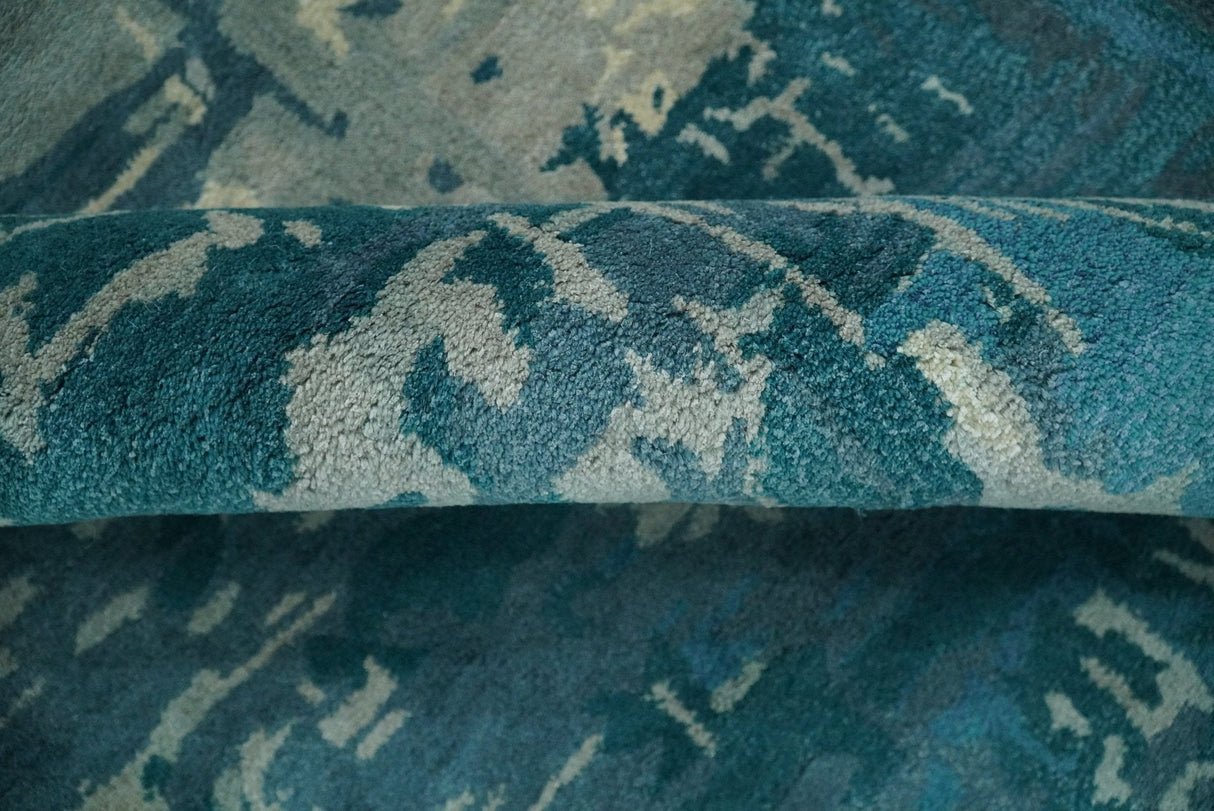 Square 9x9 Green, Silver and Beige Modern Abstract Handmade Wool and Art Silk Area Rug | BAN2