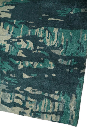 Square 9x9 Green, Silver and Beige Modern Abstract Handmade Wool and Art Silk Area Rug | BAN2