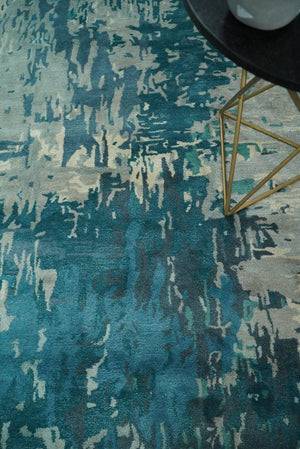 Square 9x9 Green, Silver and Beige Modern Abstract Handmade Wool and Art Silk Area Rug | BAN2
