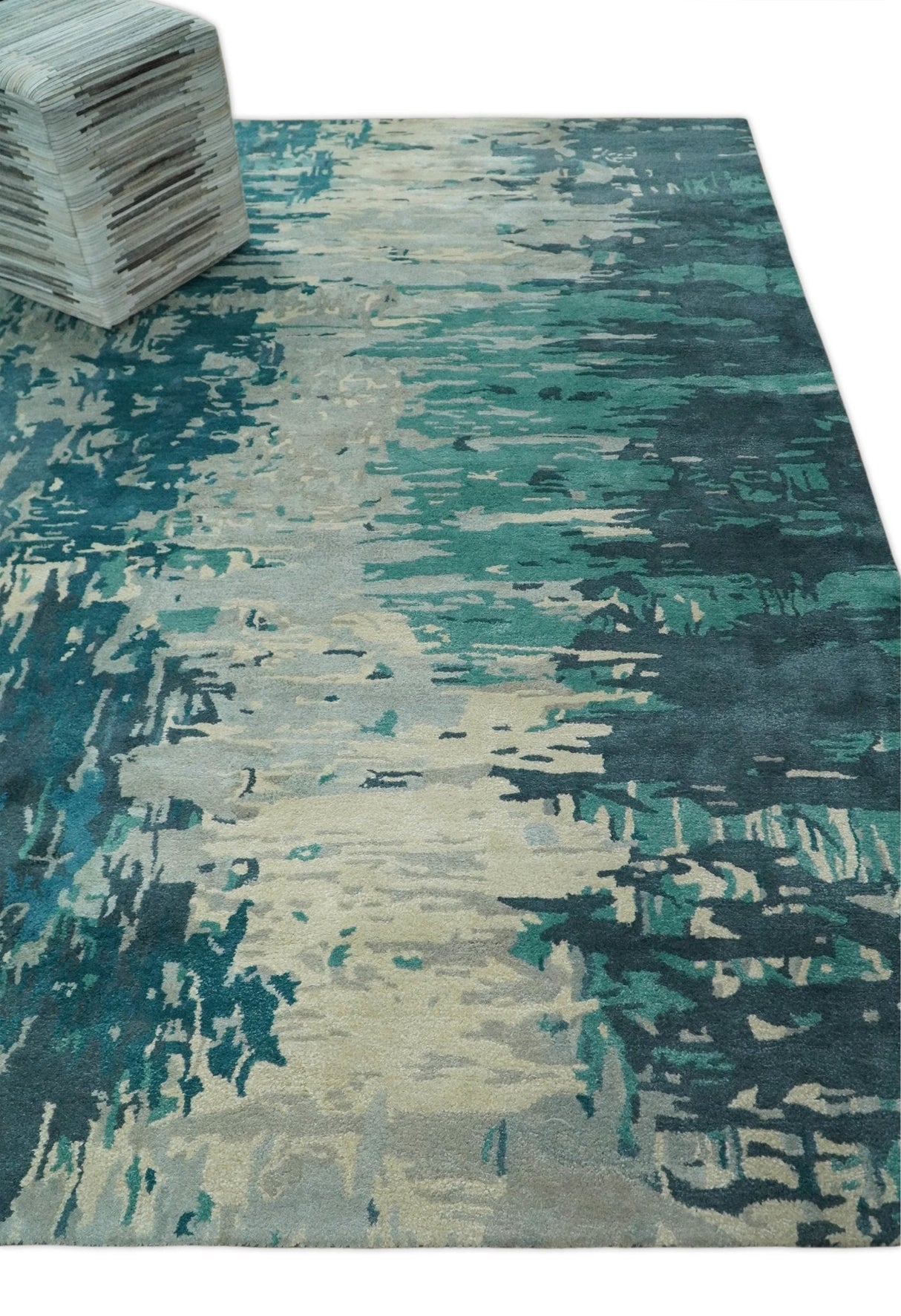 Square 9x9 Green, Silver and Beige Modern Abstract Handmade Wool and Art Silk Area Rug | BAN2