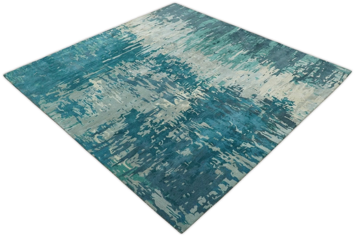 Square 9x9 Green, Silver and Beige Modern Abstract Handmade Wool and Art Silk Area Rug | BAN2