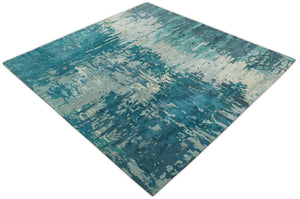 Square 9x9 Green, Silver and Beige Modern Abstract Handmade Wool and Art Silk Area Rug | BAN2