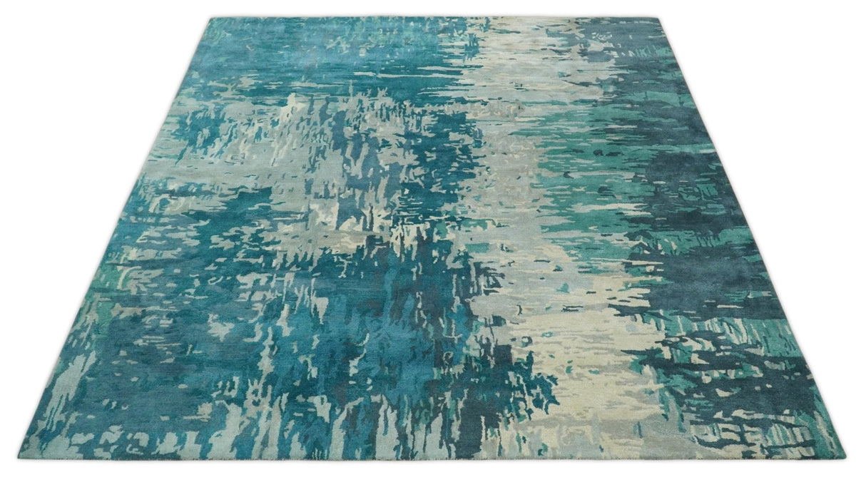 Square 9x9 Green, Silver and Beige Modern Abstract Handmade Wool and Art Silk Area Rug | BAN2