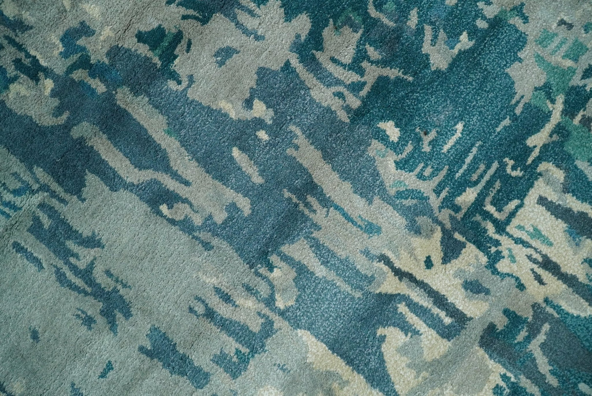 Square 9x9 Green, Silver and Beige Modern Abstract Handmade Wool and Art Silk Area Rug | BAN2