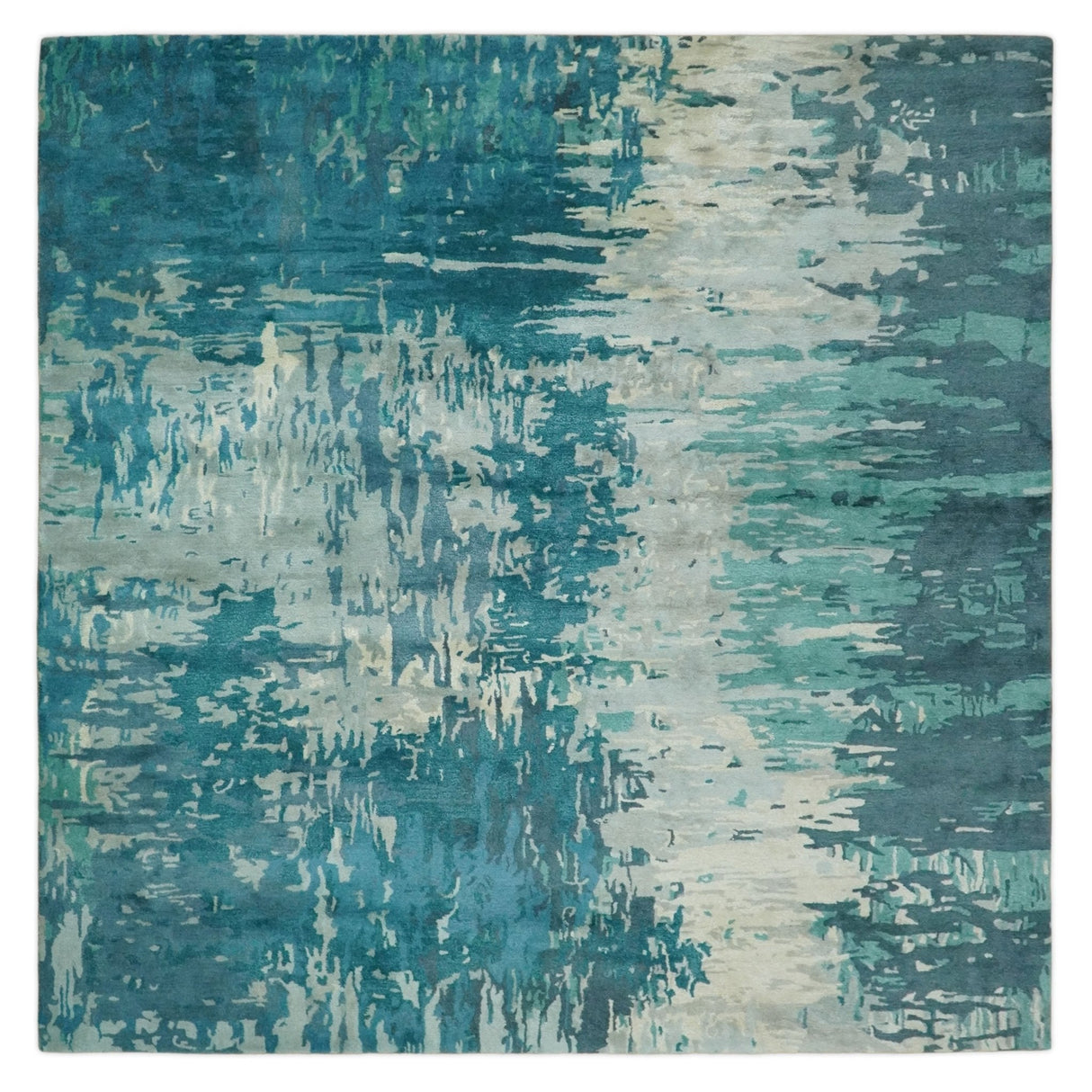 Square 9x9 Green, Silver and Beige Modern Abstract Handmade Wool and Art Silk Area Rug | BAN2