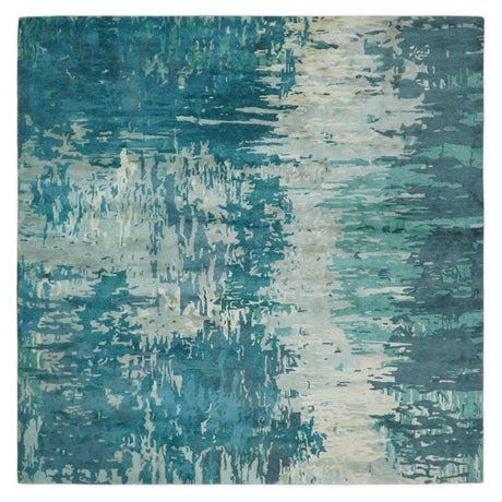 Square 9x9 Green, Silver and Beige Modern Abstract Handmade Wool and Art Silk Area Rug | BAN2