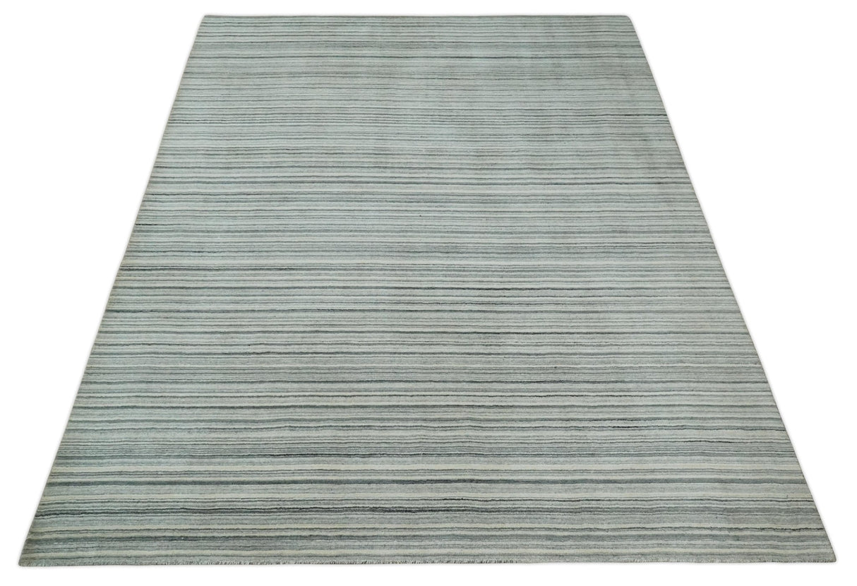 Striped Flatwoven 8x10 Ivory, Beige and Gray Scandinavian Hand Made Blended Wool Area Rug | KE15
