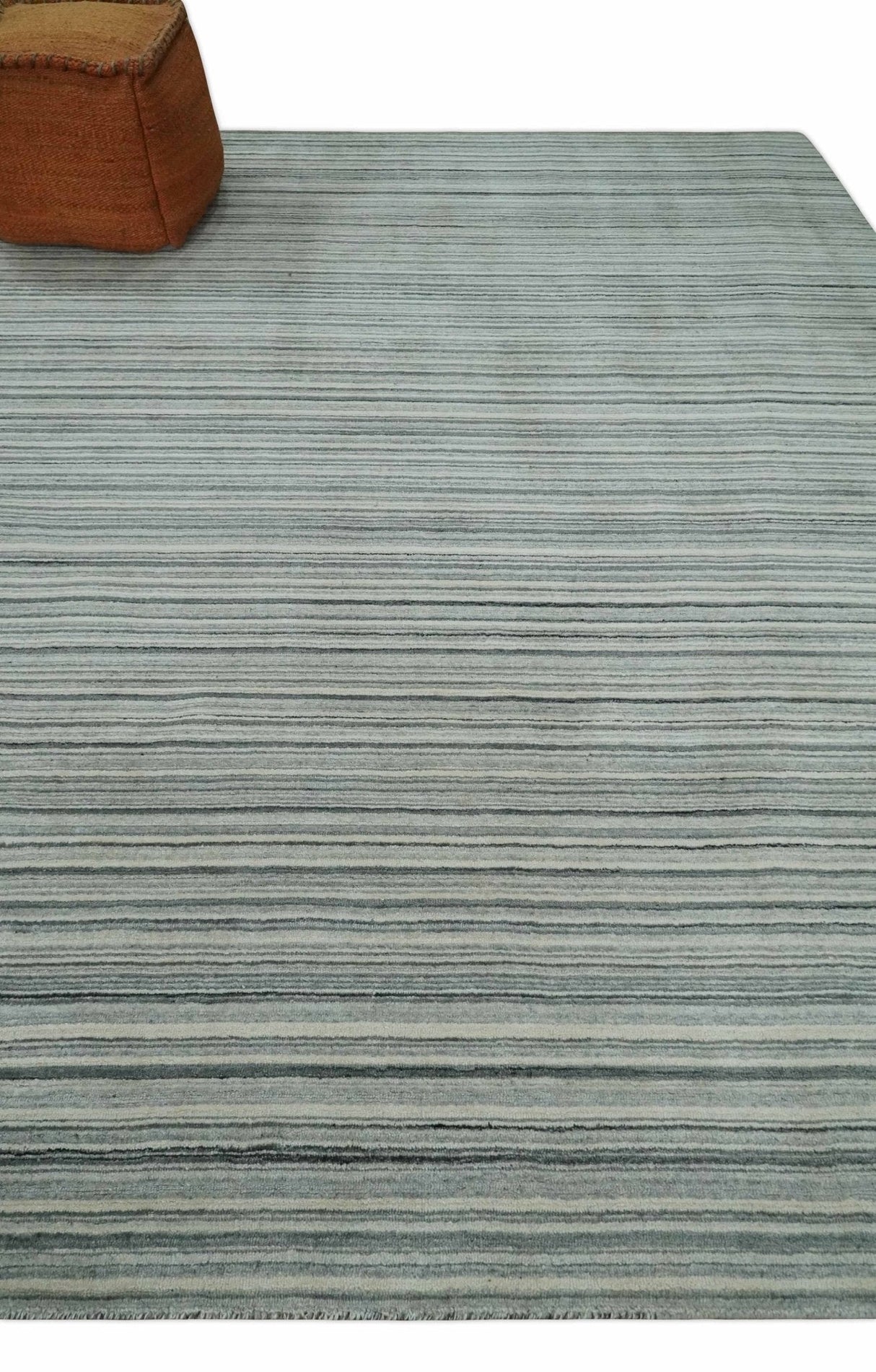 Striped Flatwoven 8x10 Ivory, Beige and Gray Scandinavian Hand Made Blended Wool Area Rug | KE15