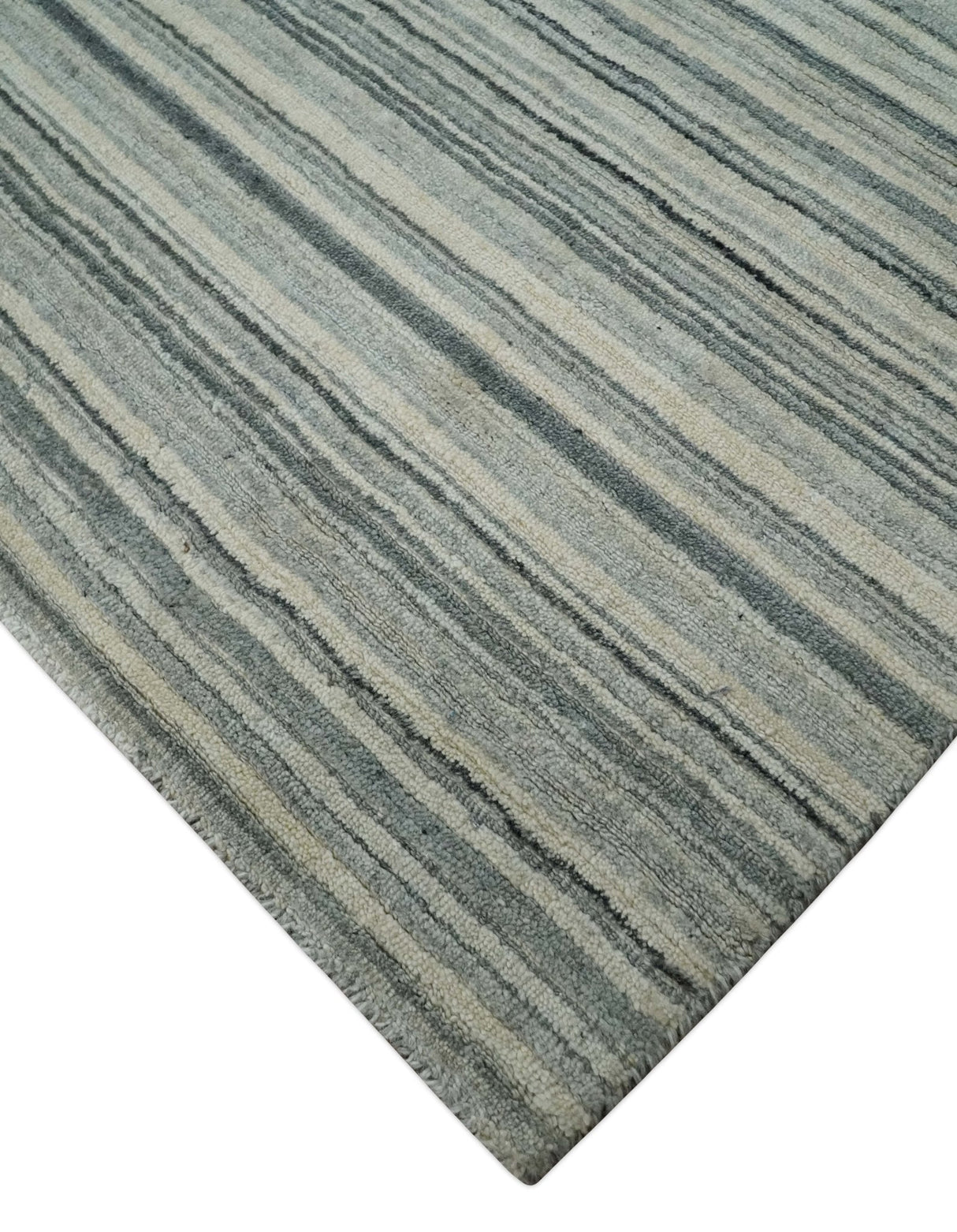 Striped Flatwoven 8x10 Ivory, Beige and Gray Scandinavian Hand Made Blended Wool Area Rug | KE15