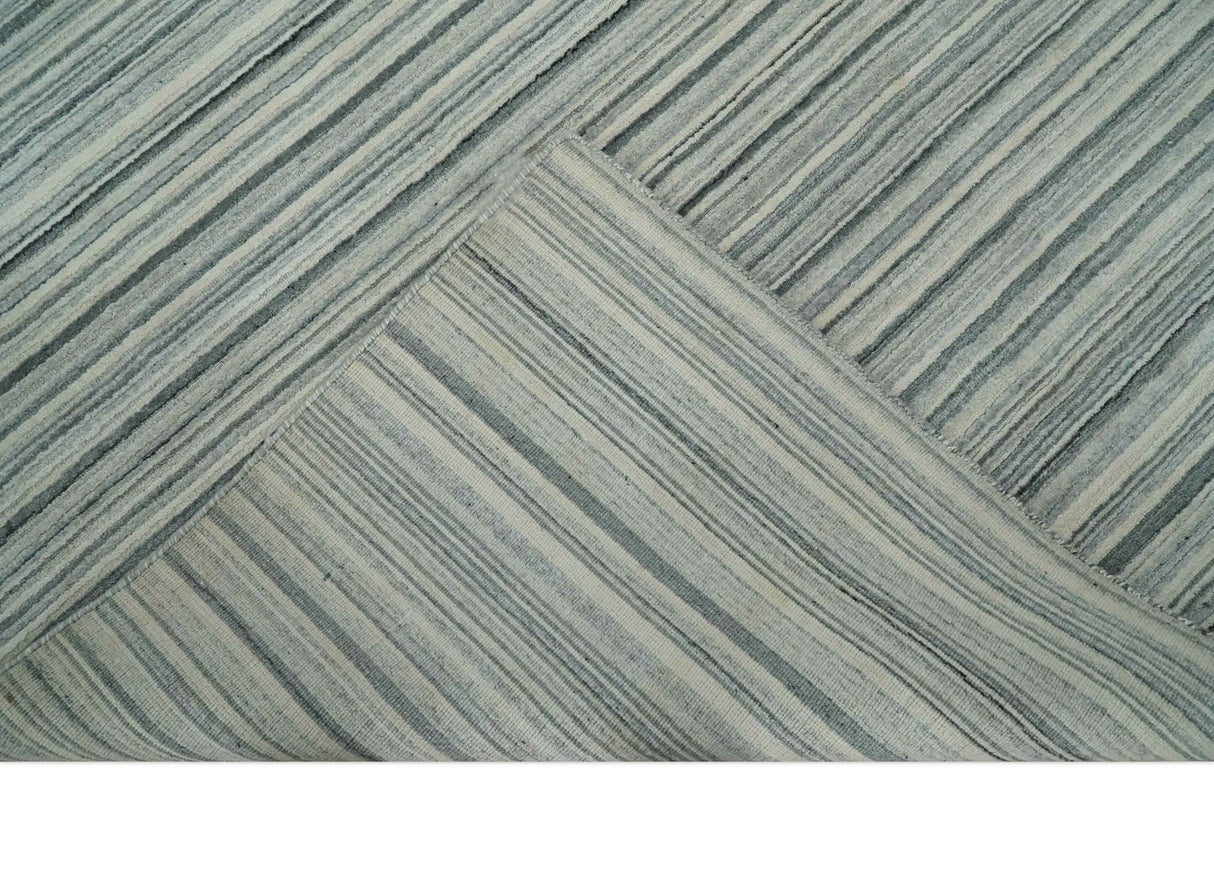 Striped Flatwoven 8x10 Ivory, Beige and Gray Scandinavian Hand Made Blended Wool Area Rug | KE15