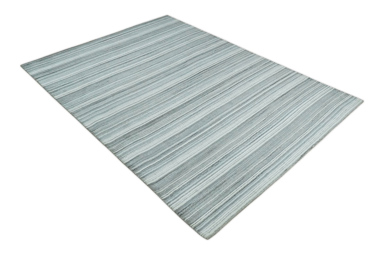 Striped Flatwoven 8x10 White, Silver and Gray Scandinavian Hand Made Blended Wool Area Rug | KE3