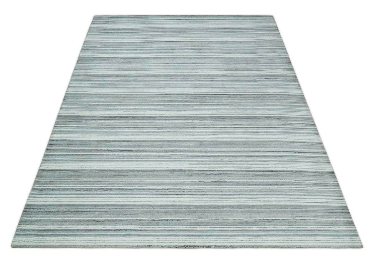 Striped Flatwoven 8x10 White, Silver and Gray Scandinavian Hand Made Blended Wool Area Rug | KE3