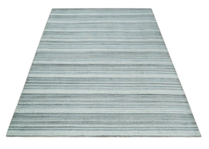 Striped Flatwoven 8x10 White, Silver and Gray Scandinavian Hand Made Blended Wool Area Rug | KE3