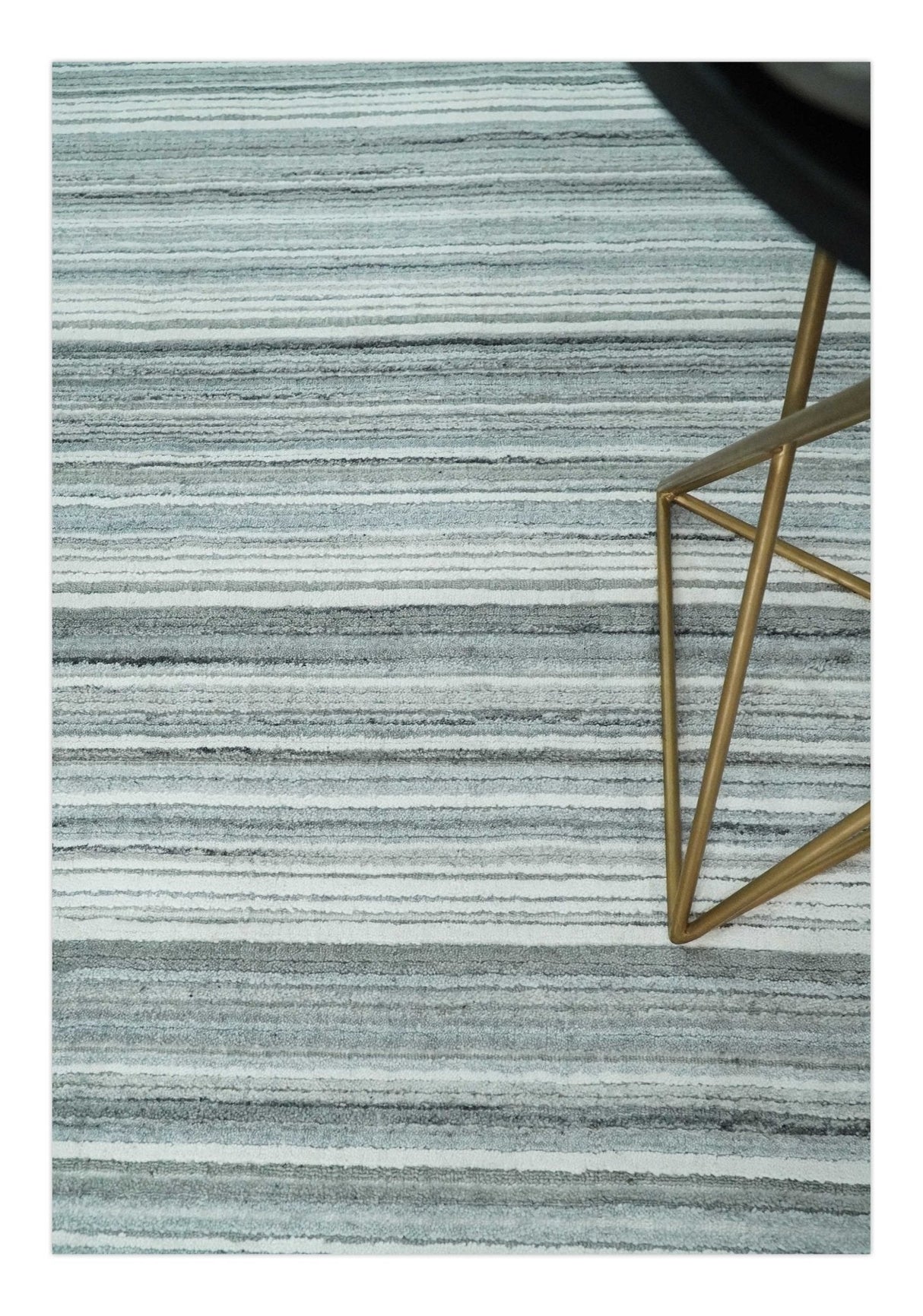 Striped Flatwoven 8x10 White, Silver and Gray Scandinavian Hand Made Blended Wool Area Rug | KE3