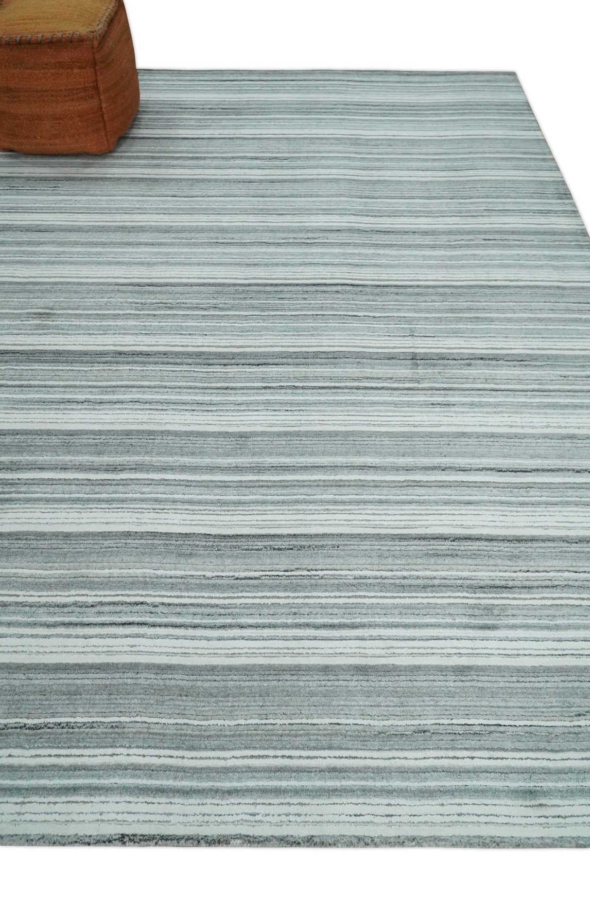 Striped Flatwoven 8x10 White, Silver and Gray Scandinavian Hand Made Blended Wool Area Rug | KE3