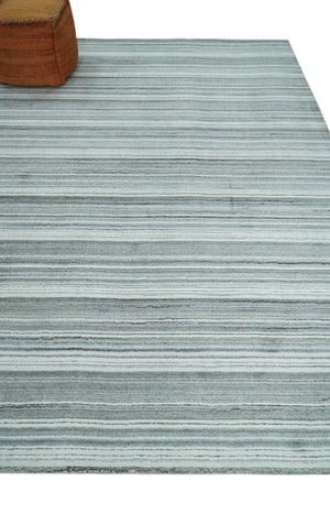 Striped Flatwoven 8x10 White, Silver and Gray Scandinavian Hand Made Blended Wool Area Rug | KE3