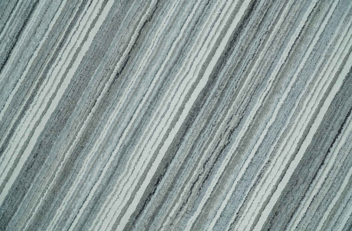 Striped Flatwoven 8x10 White, Silver and Gray Scandinavian Hand Made Blended Wool Area Rug | KE3